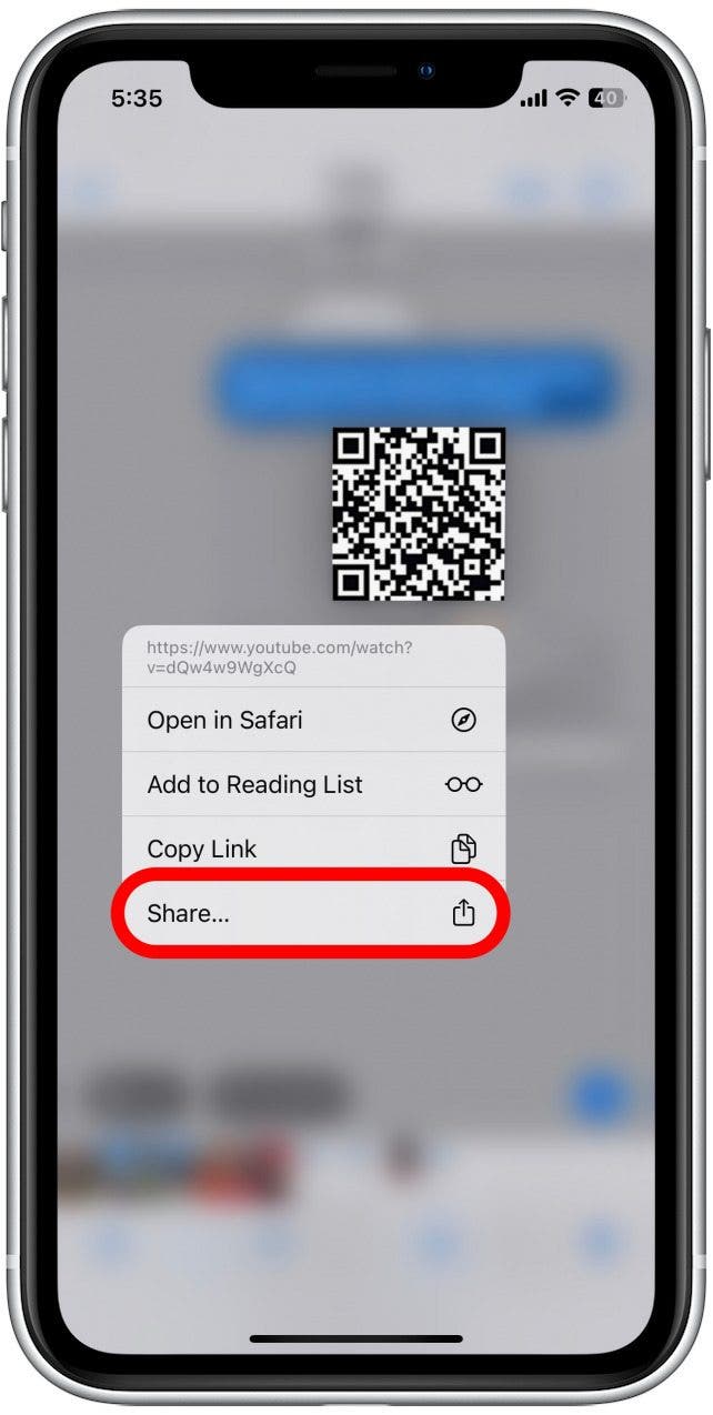 Tippen Sie auf „Teilen“, wenn Sie die QR-Code-Informationen an jemand anderen senden möchten.