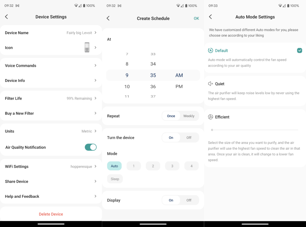 Android-Screenshot der VeSync-App mit Einstellungsoptionen