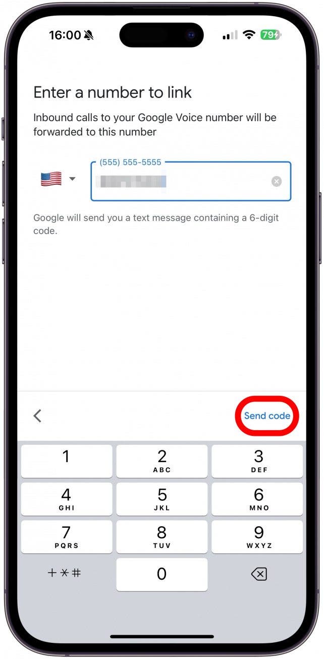 Geben Sie Ihre bestehende Nummer ein und tippen Sie auf Code senden.