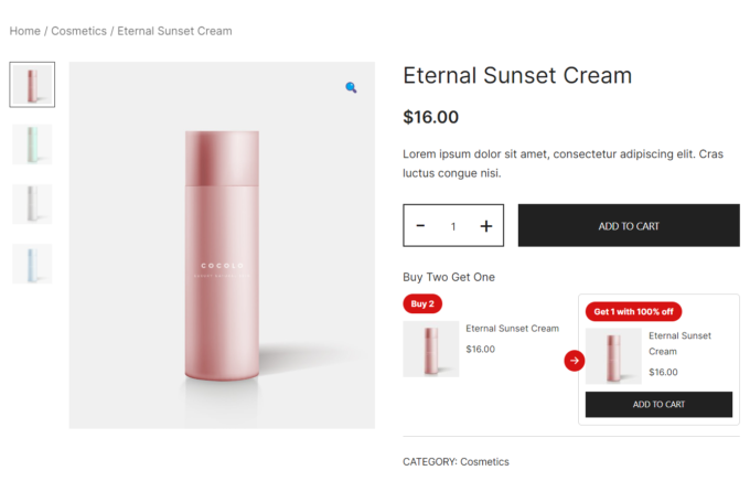Frontend-Ansicht eines Angebots zum Kauf von zwei und einem Gratisangebot auf einer WooCommerce-Produktseite, auf der dasselbe Produkt kostenlos angeboten wird