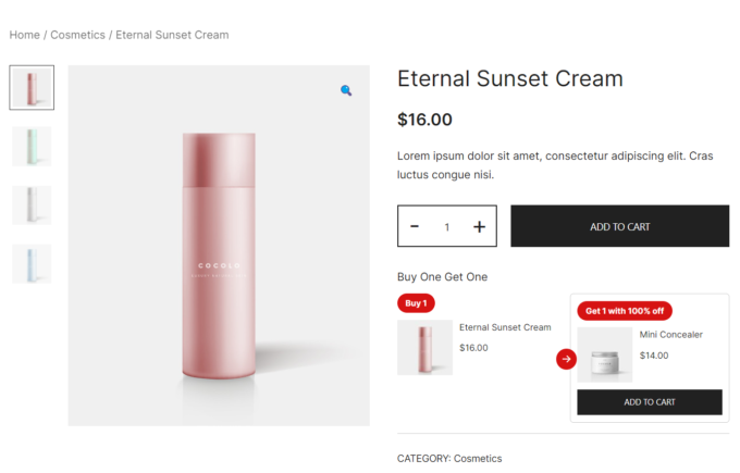 Frontend-Ansicht eines „Kauf-eins-erhalte-eins-kostenlos“-Angebots auf einer WooCommerce-Produktseite