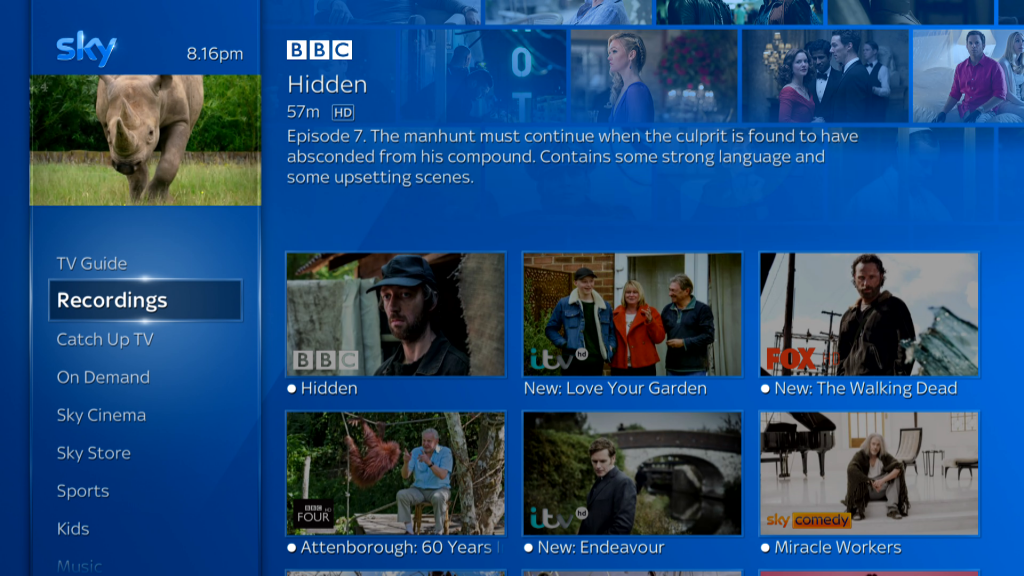 Hauptseite der Sky Q-Aufnahmen