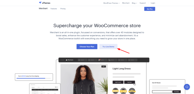 Position der Schaltfläche „Live-Demo testen“ auf der Landingpage des Händlers