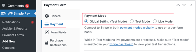 Wählen Sie in WP Simple Pay einen Zahlungsmodus aus