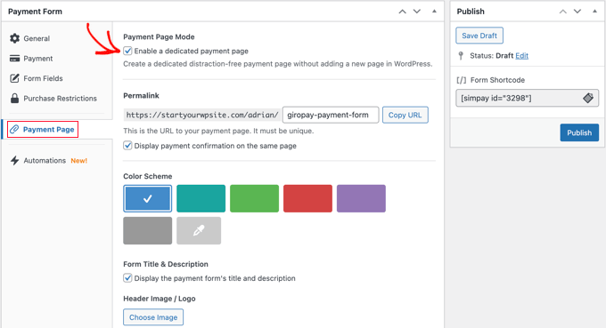 Aktivieren Sie das Kontrollkästchen „Zahlungsseitenmodus“ in WP Simple Pay