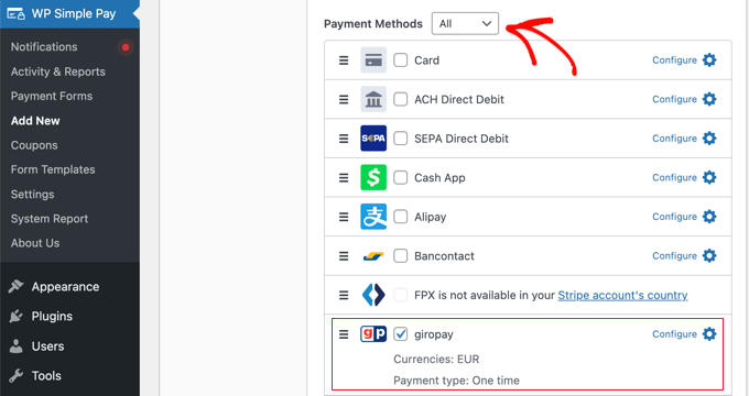 Aktivieren Sie das Kontrollkästchen für Giropay in WP Simple Pay