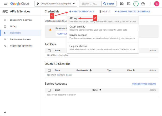 Google Cloud API zum Erstellen von Anmeldeinformationen