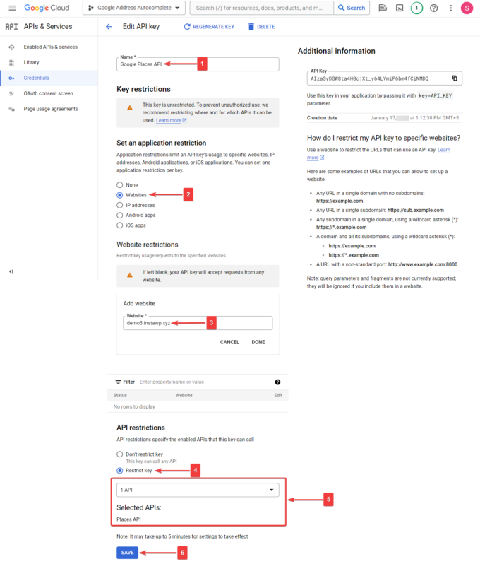 Google Console beschränkt den API-Schlüssel