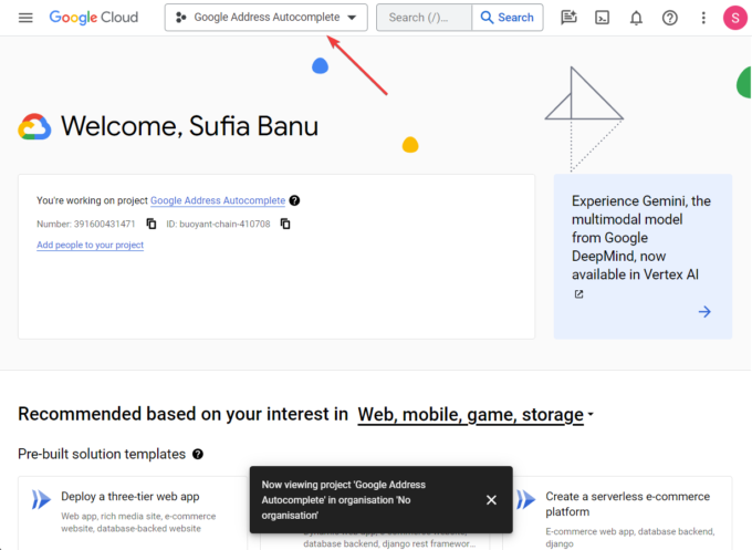 Wählen Sie ein Projekt in der Google Cloud Console aus