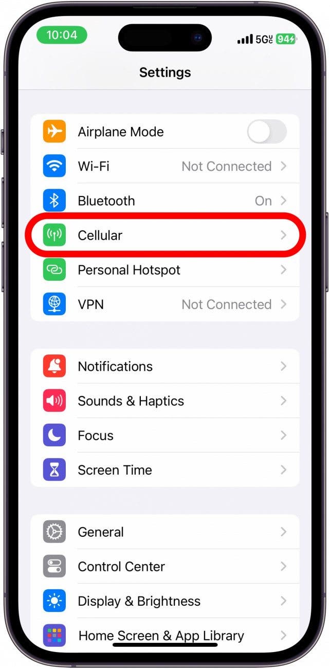 iPhone-Einstellungen mit rot eingekreistem Mobiltelefon
