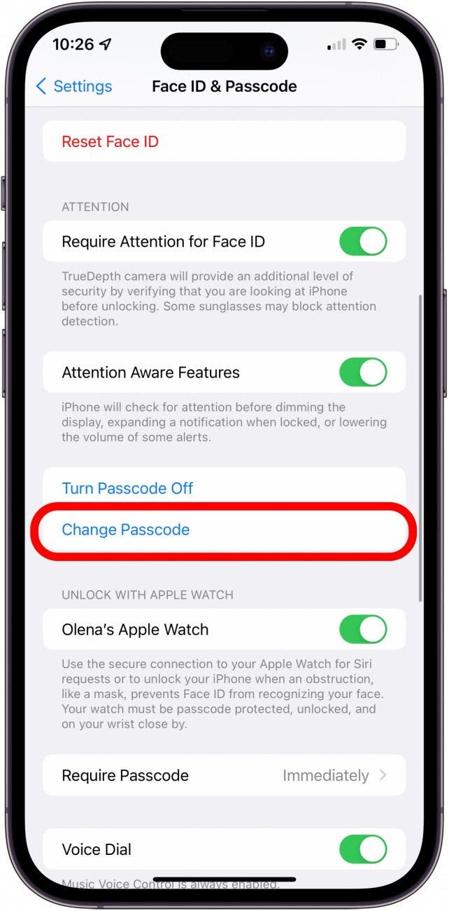 Scrollen Sie nach unten und tippen Sie auf Passcode ändern.