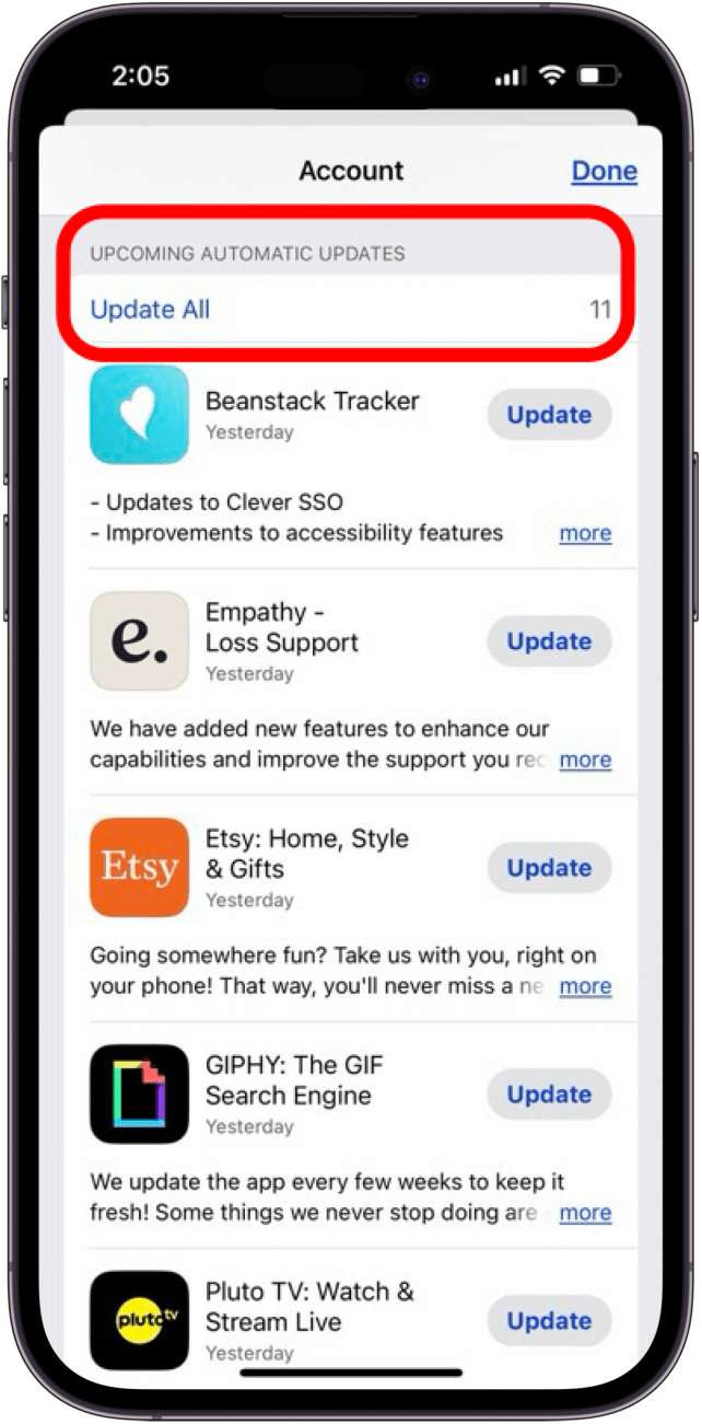 Tippen Sie im App Store auf „Alle aktualisieren“, um Apps zu aktualisieren Tippen Sie im App Store auf „Alle aktualisieren“, um Apps zu aktualisieren