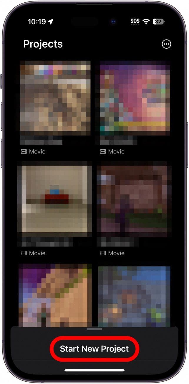 iPhone-Imovie-App mit rot eingekreister Schaltfläche „Neues Projekt starten“.