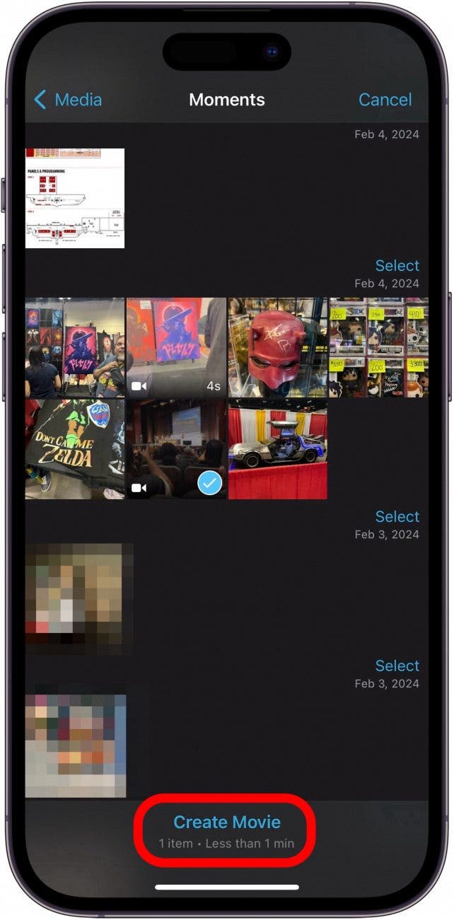 iPhone-Imovie-App-Clip-Auswahl mit rot eingekreister Schaltfläche zum Erstellen eines Films