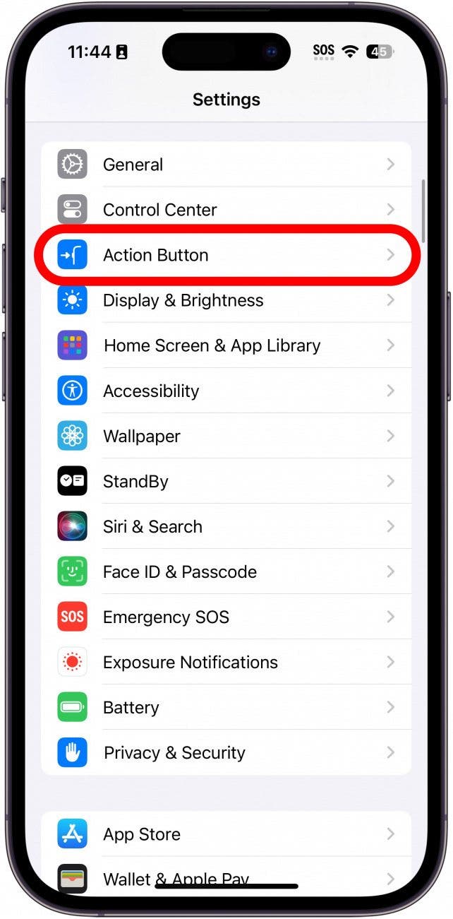 iPhone-Einstellungen mit rot eingekreister Aktionstaste