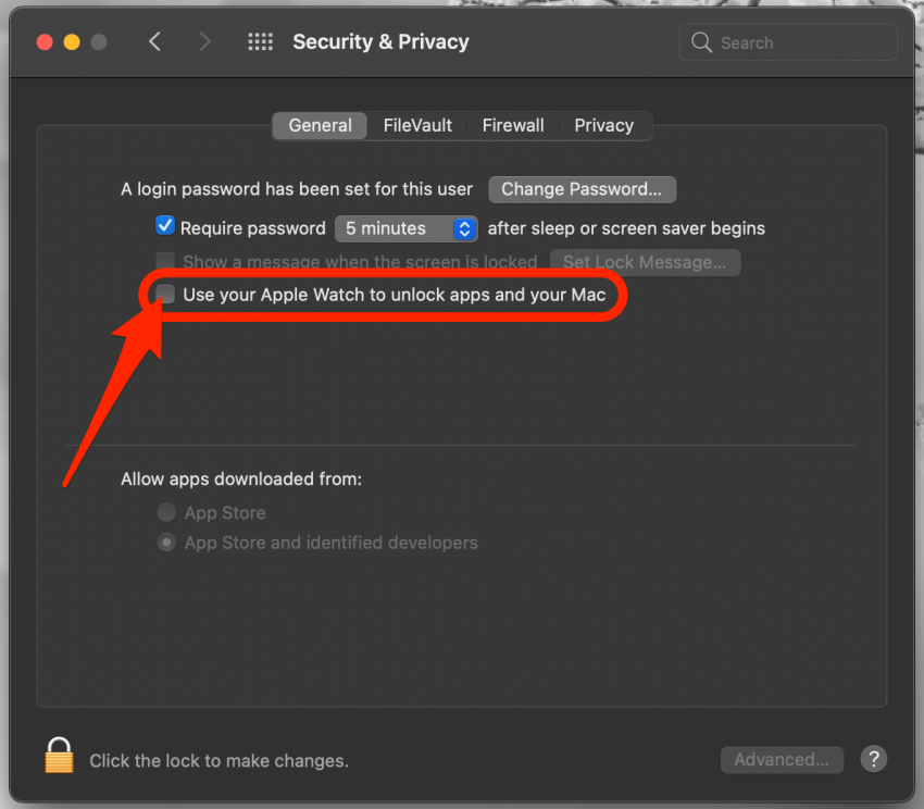 Klicken Sie auf das graue Kästchen neben „Mit Ihrer Apple Watch Apps und Ihren Mac entsperren“ oder „Mit Ihrer Apple Watch Ihren Mac entsperren“.