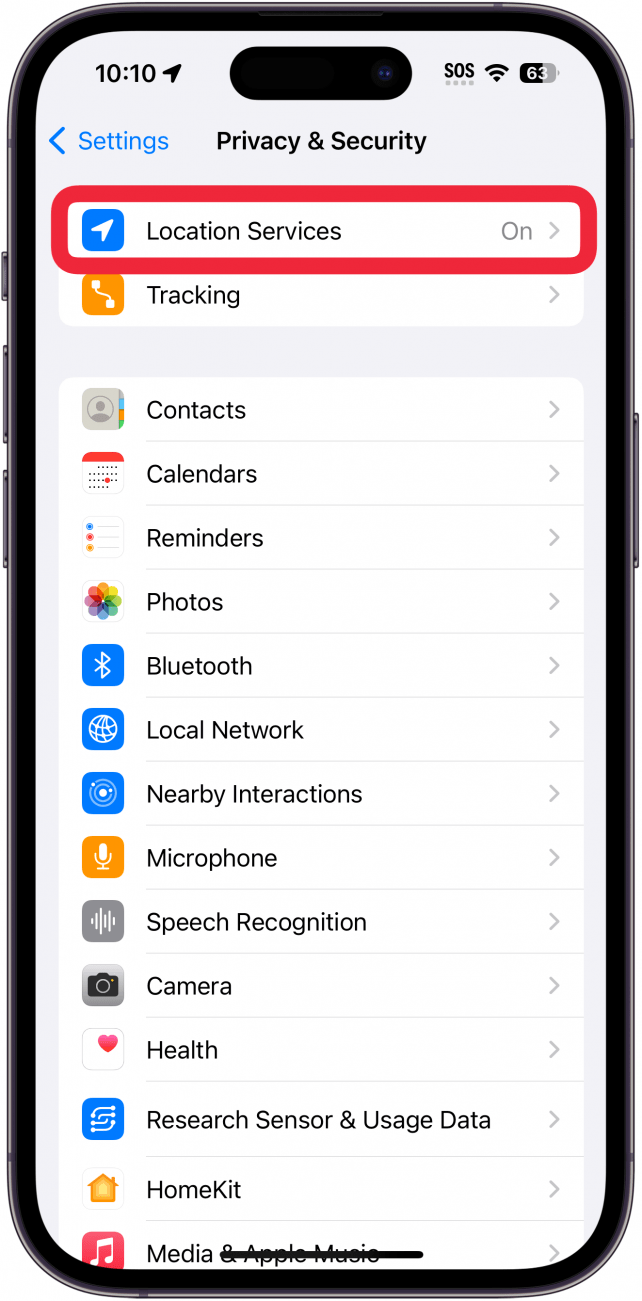 iPhone-Datenschutz- und Sicherheitseinstellungen mit einem roten Kästchen um Ortungsdienste