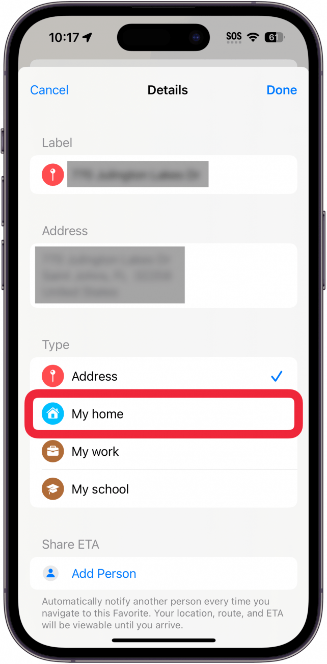 iPhone-Karten werden als Favorit mit einem roten Feld um mein Zuhause herum hinzugefügt