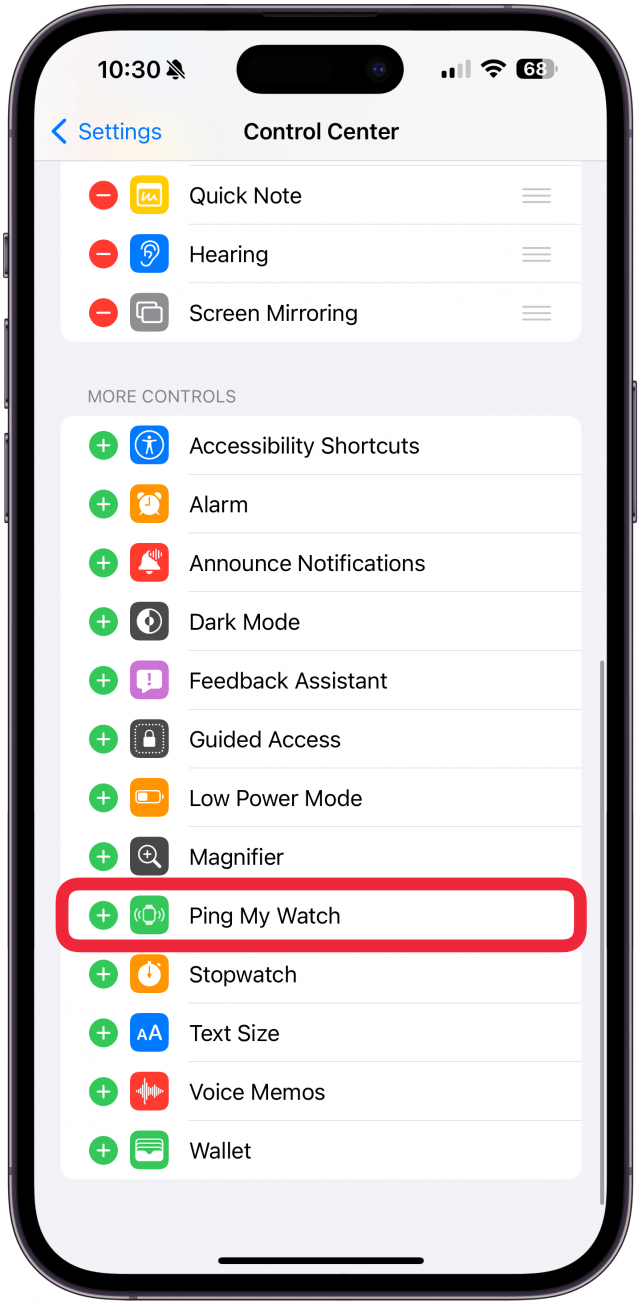 Scrollen Sie nach unten und tippen Sie unter „Weitere Steuerelemente“ auf „Ping My Watch“.