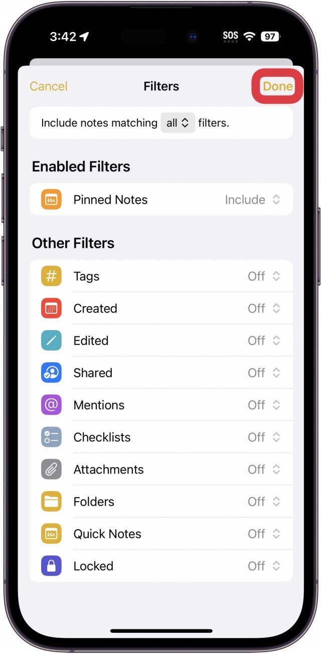 Anpassung des intelligenten Ordnerfilters für iPhone-Notizen mit einem roten Kästchen um die Schaltfläche „Fertig“.