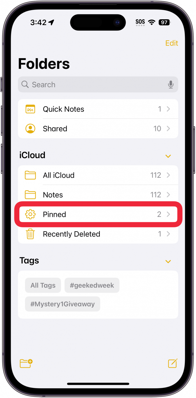 Liste der iPhone-Notizenordner mit einem roten Kästchen um den angehefteten Notizen-Smart-Ordner