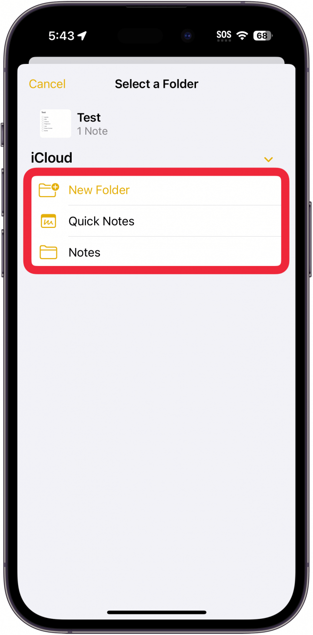 Ordner „iPhone-Notizen: Kürzlich gelöscht“ mit einem roten Rahmen um eine Liste von Ordnern, in die die gelöschte Notiz verschoben werden soll