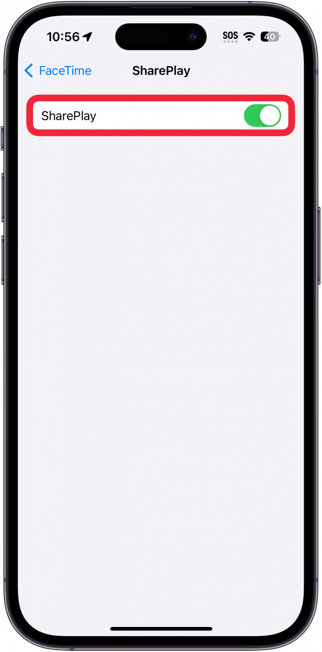 iPhone-Shareplay-Einstellungen mit einem roten Kästchen um den Shareplay-Schalter