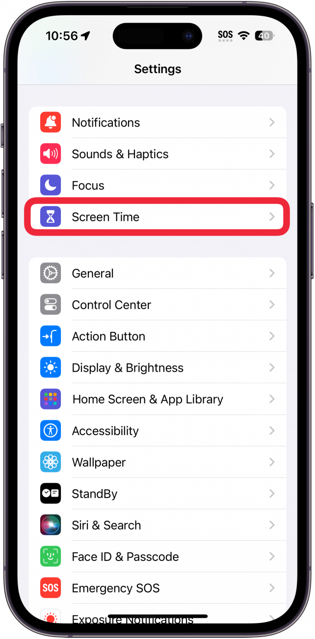 iPhone-Einstellungen mit einem roten Kästchen um die Bildschirmzeit herum