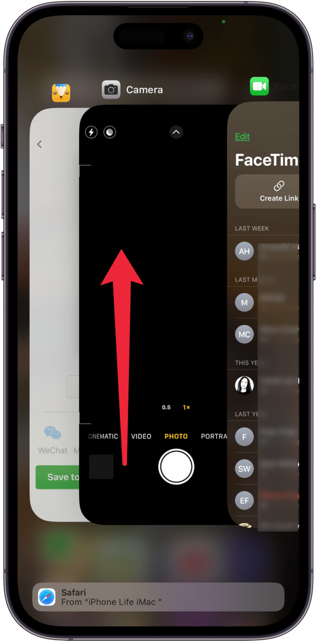 Öffnen Sie den App-Umschalter und wischen Sie nach oben, um Apps zu schließen, die die Kamera verwenden