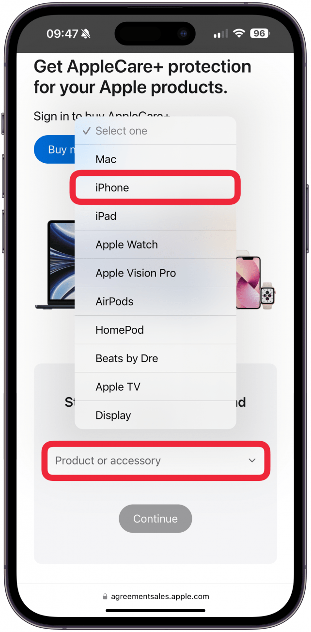 Wählen Sie „iPhone“ aus dem Dropdown-Menü aus.