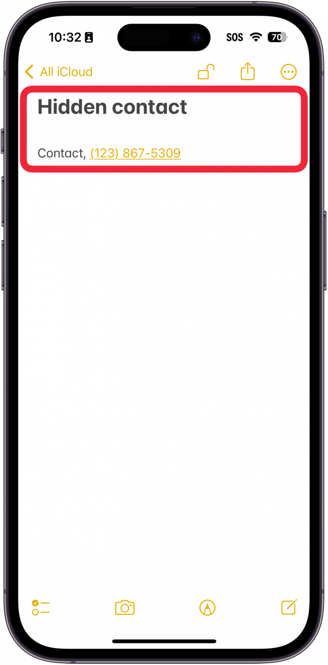 iPhone-Notizen-App, die eine gesperrte Notiz mit eingegebenen Kontaktinformationen anzeigt