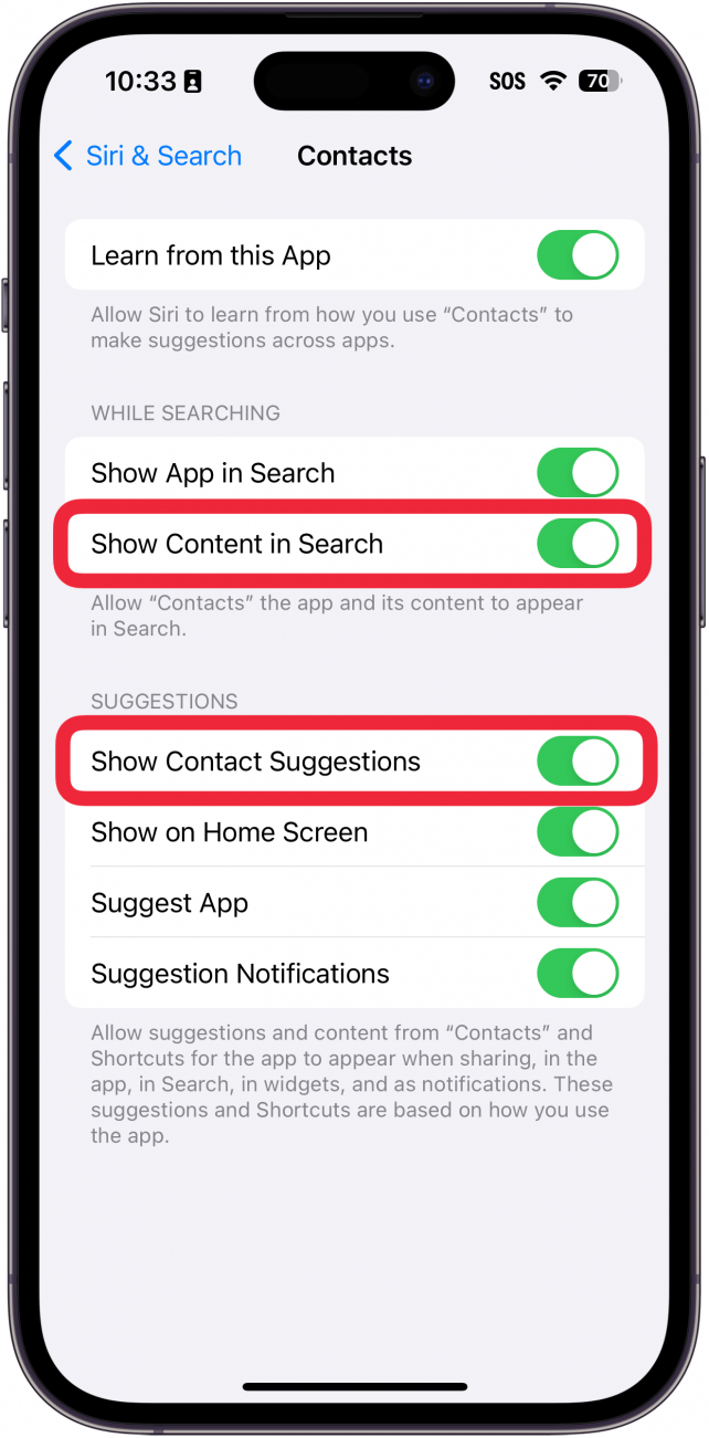 Bearbeiten des Kontaktmenüs auf dem iPhone mit einem roten Kästchen um den Kontaktnamen