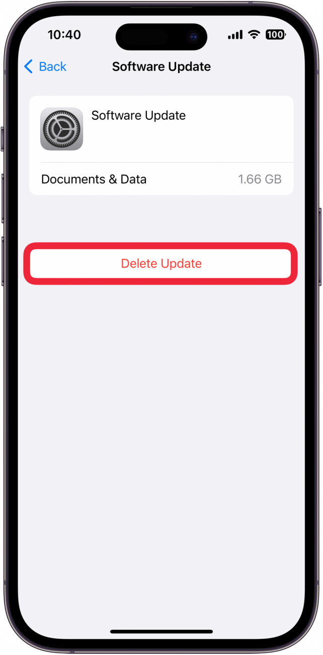 iPhone-Speicherverwaltungsbildschirm für ein Software-Update mit rot eingekreister Schaltfläche zum Löschen des Updates