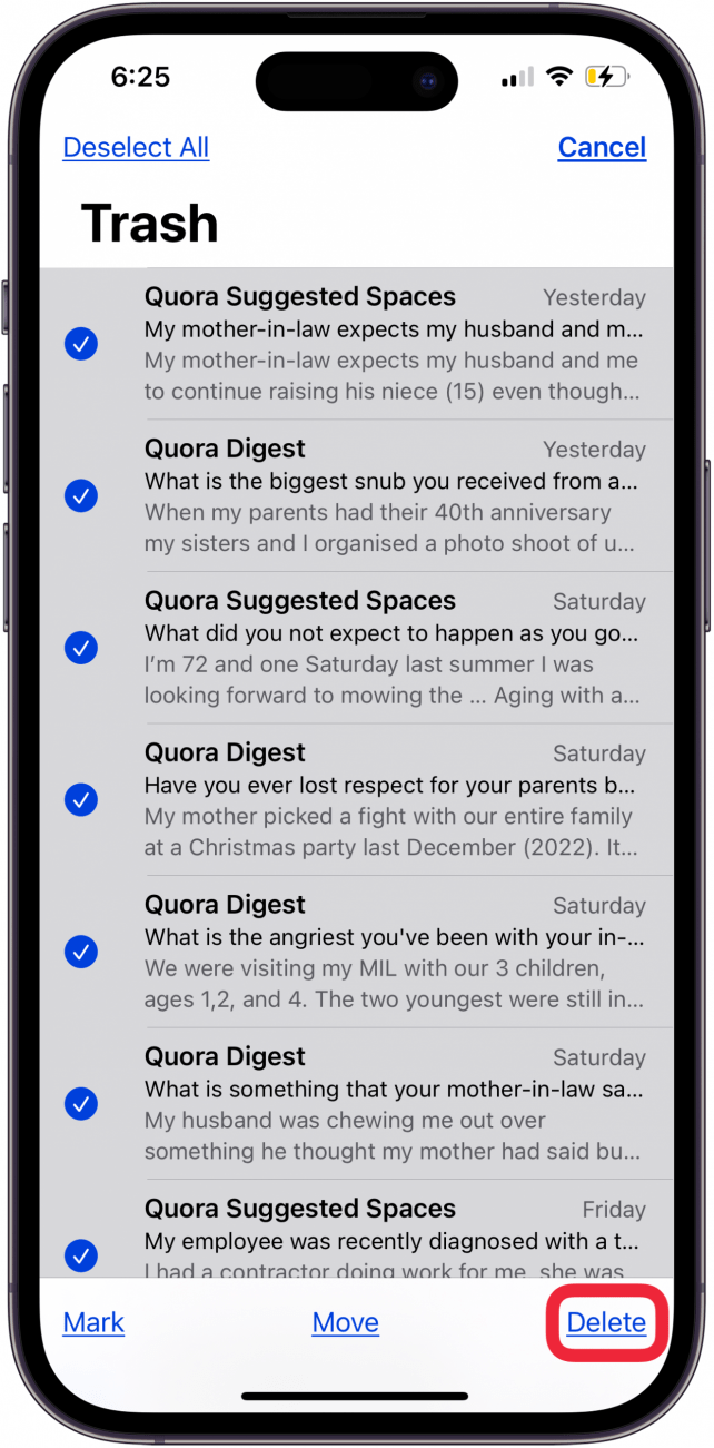 Tippen Sie auf „Löschen“, um den E-Mail-Papierkorb des iPhones zu leeren