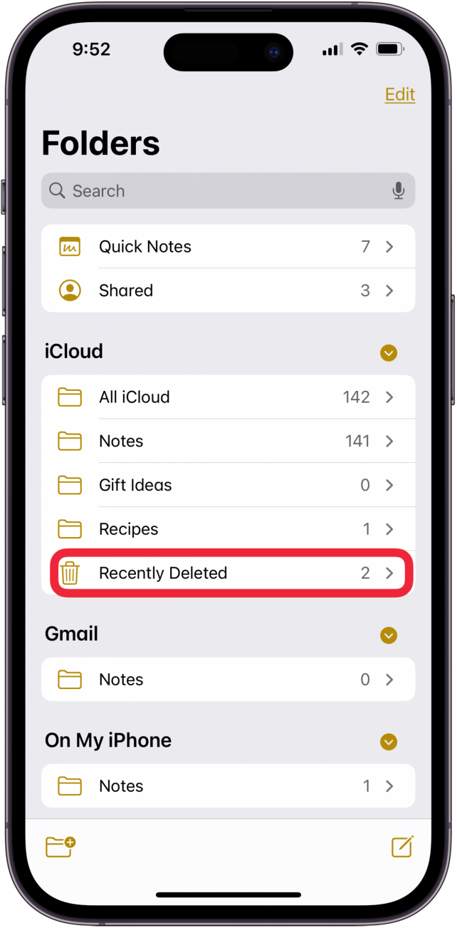 Tippen Sie auf „Zuletzt gelöscht“, um den iPhone-Papierkorb in den Notizen zu leeren
