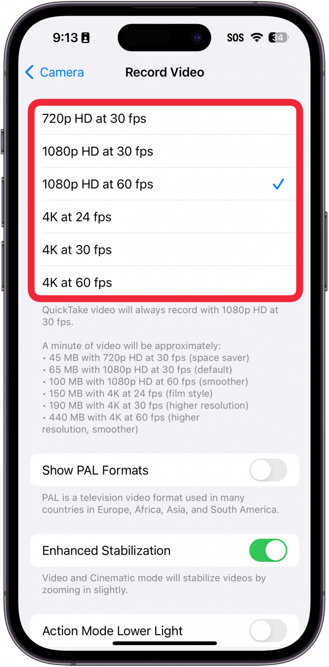iPhone-Videoeinstellungen mit einem roten Kästchen um die Videoauflösungseinstellungen