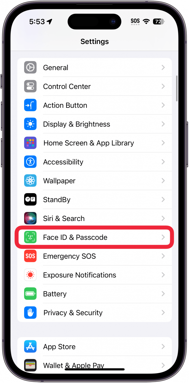 iPhone-Einstellungen mit einem roten Kästchen um Gesichts-ID und Passcode