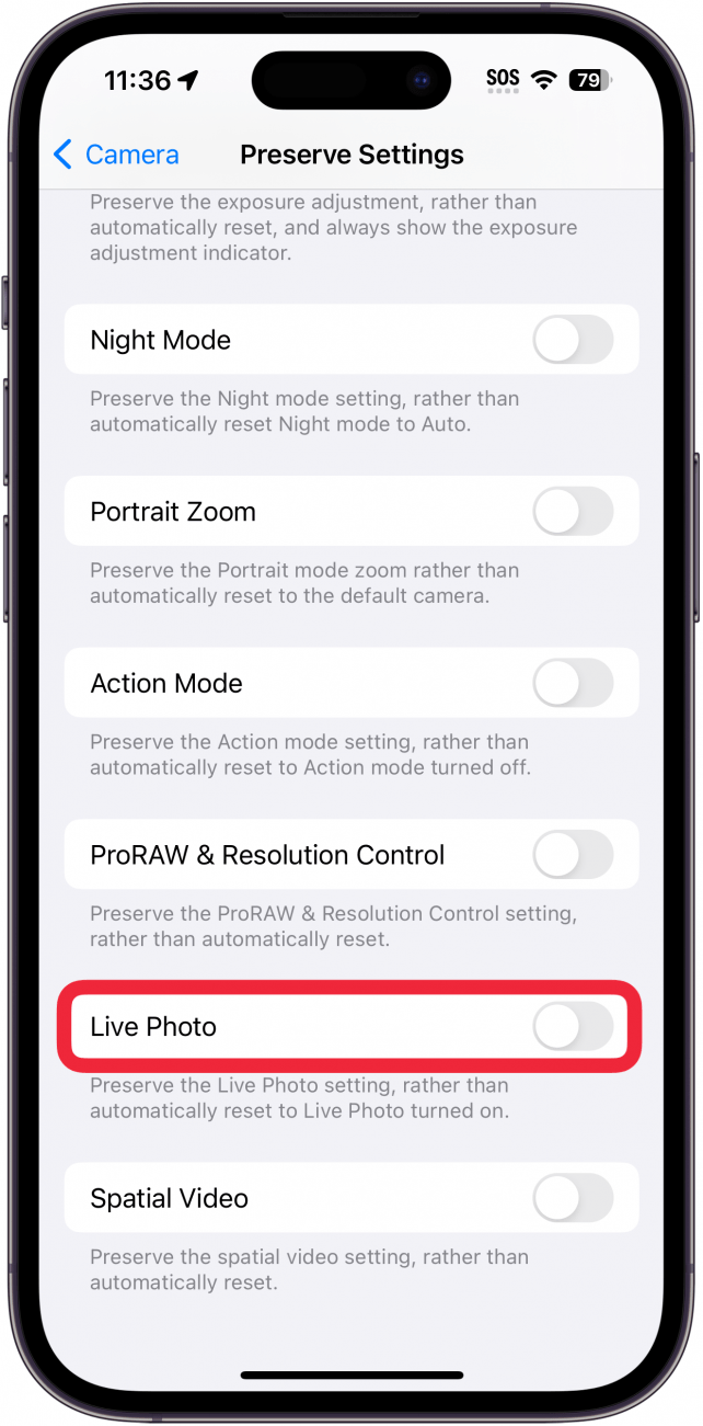 Bildschirm mit den Kameraeinstellungen für das iPhone mit rot umrandetem Live-Foto-Schalter