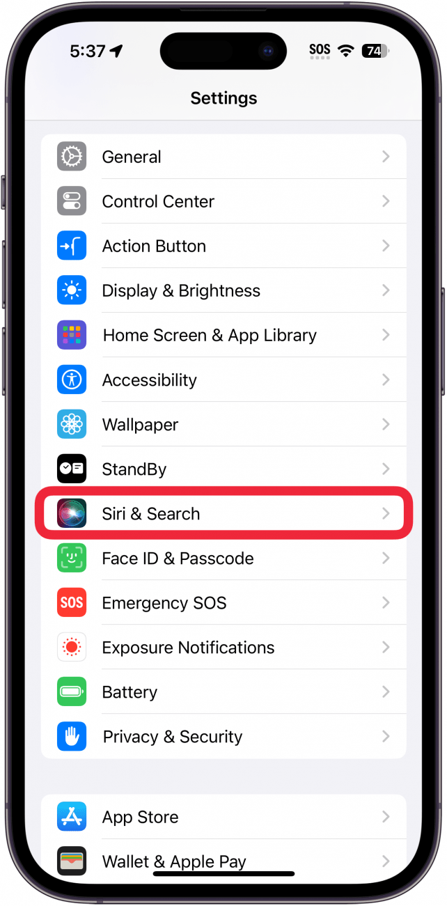 iPhone-Einstellungen mit einem roten Kästchen um Siri und Suche