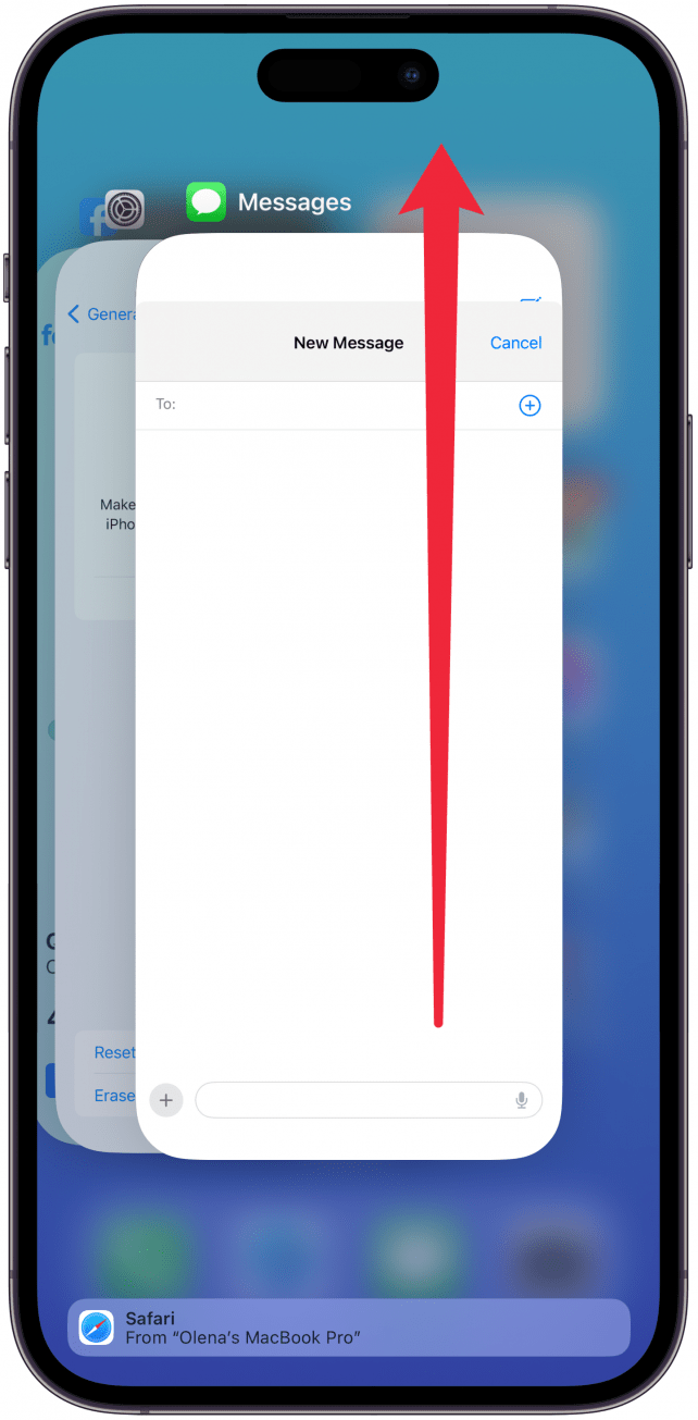 Erzwingen Sie das Beenden der App, in der Sie die Tastatur verwenden, indem Sie vom unteren Bildschirmrand ganz nach oben wischen und dann erneut nach oben über die App wischen.