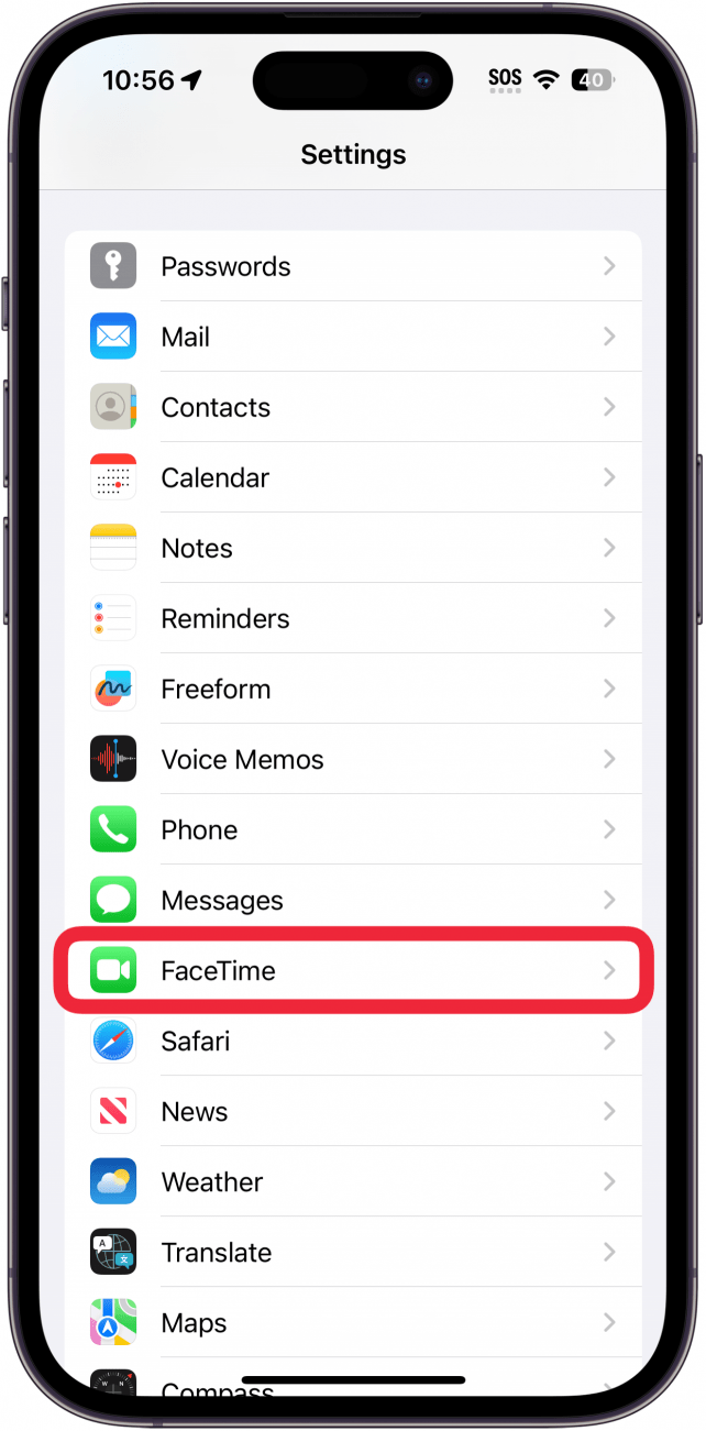 iPhone-Einstellungen-App mit einem roten Kästchen um Facetime