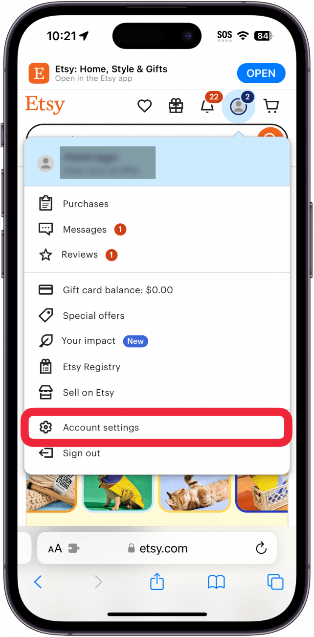 iPhone-Safari mit Anzeige der Etsy-Website mit einem roten Kästchen um die Kontoeinstellungen