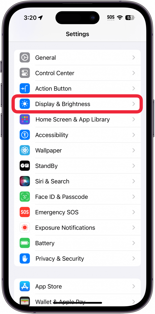 iPhone-Einstellungen mit einem roten Kästchen um Anzeige und Helligkeit