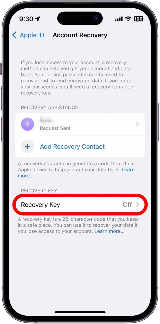 Wiederherstellungseinstellungen für das iPhone-Apple-ID-Konto mit einem roten Kästchen um den Wiederherstellungsschlüssel