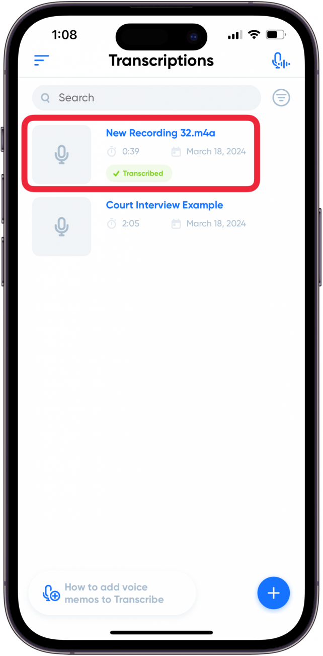 Tippen Sie auf Sprachnotiz-Transkription, um das Transkript zu lesen