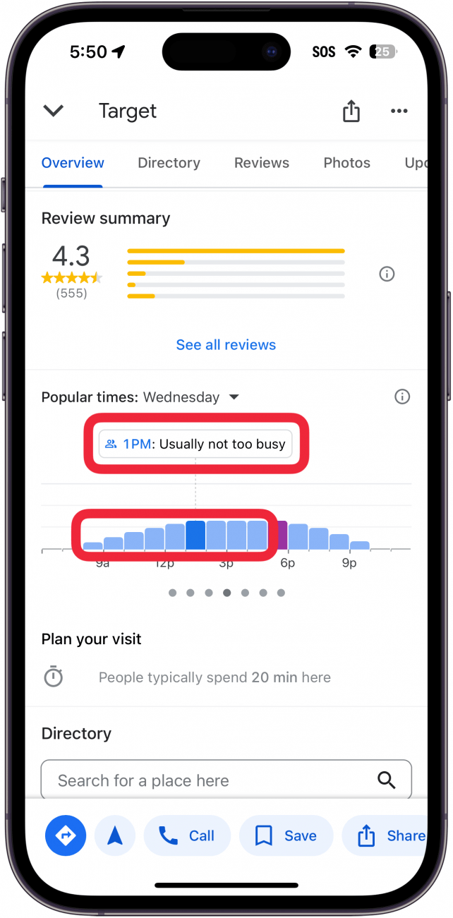 iPhone Google Maps Zielergebnis mit einem roten Kästchen um blaue Balken und einer Beschreibung mit der Aufschrift „ 