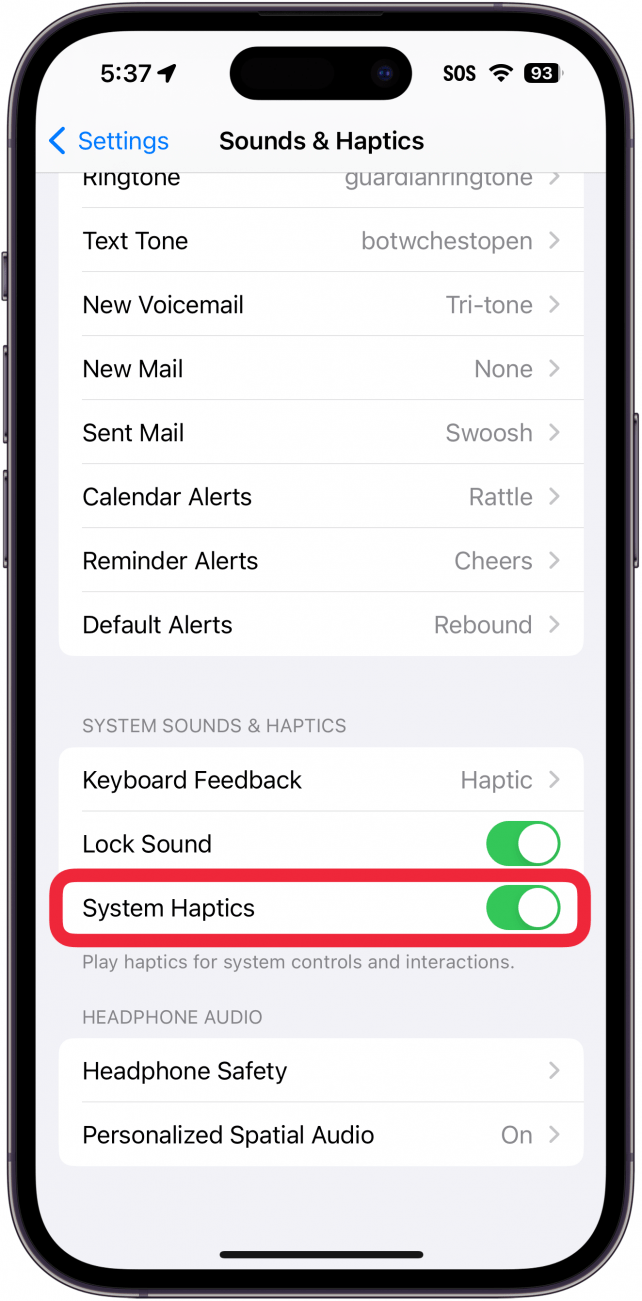 iPhone-Sound- und Haptikeinstellungen mit einem roten Kästchen um den Haptik-Schalter des Systems