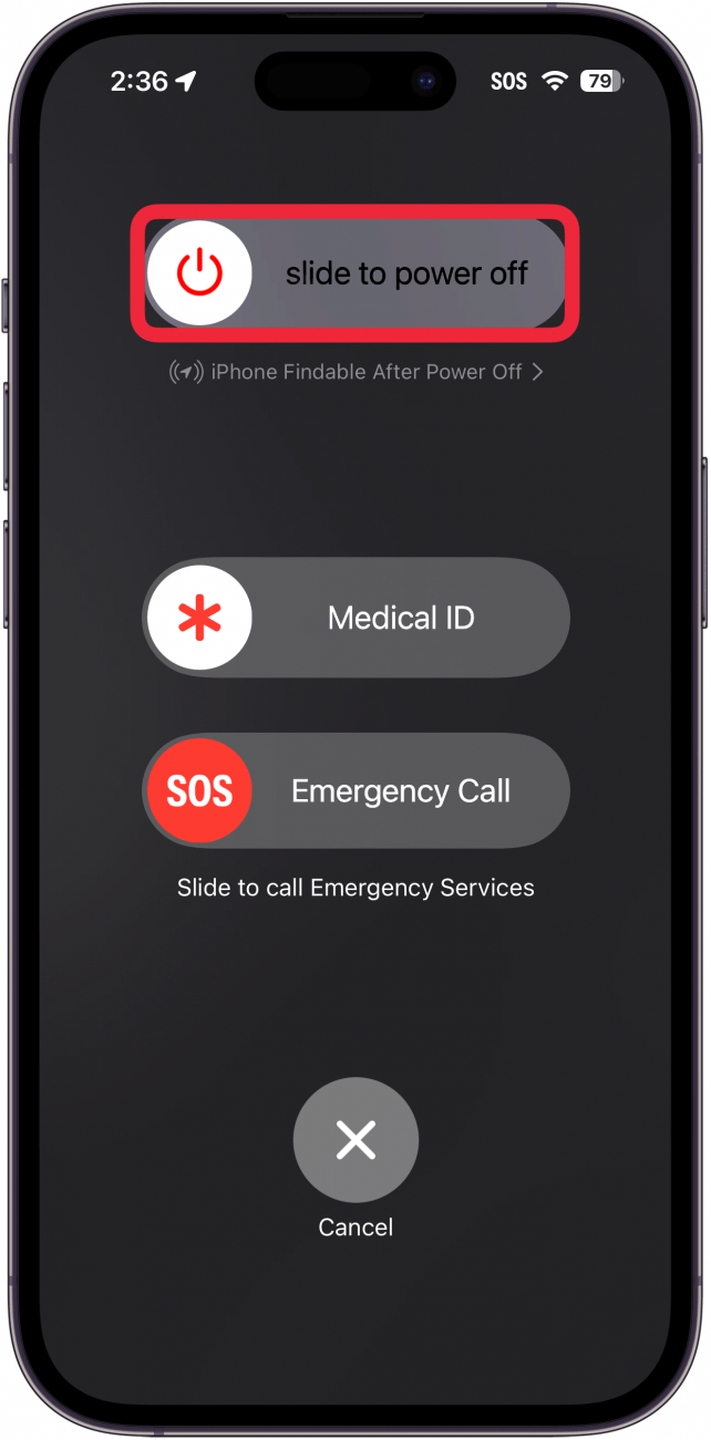 iPhone-Energieoptionsmenü mit einem roten Kästchen um den Schieberegler zum Ausschalten