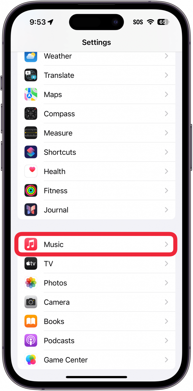 iPhone-Einstellungen mit einem roten Kästchen um Musik