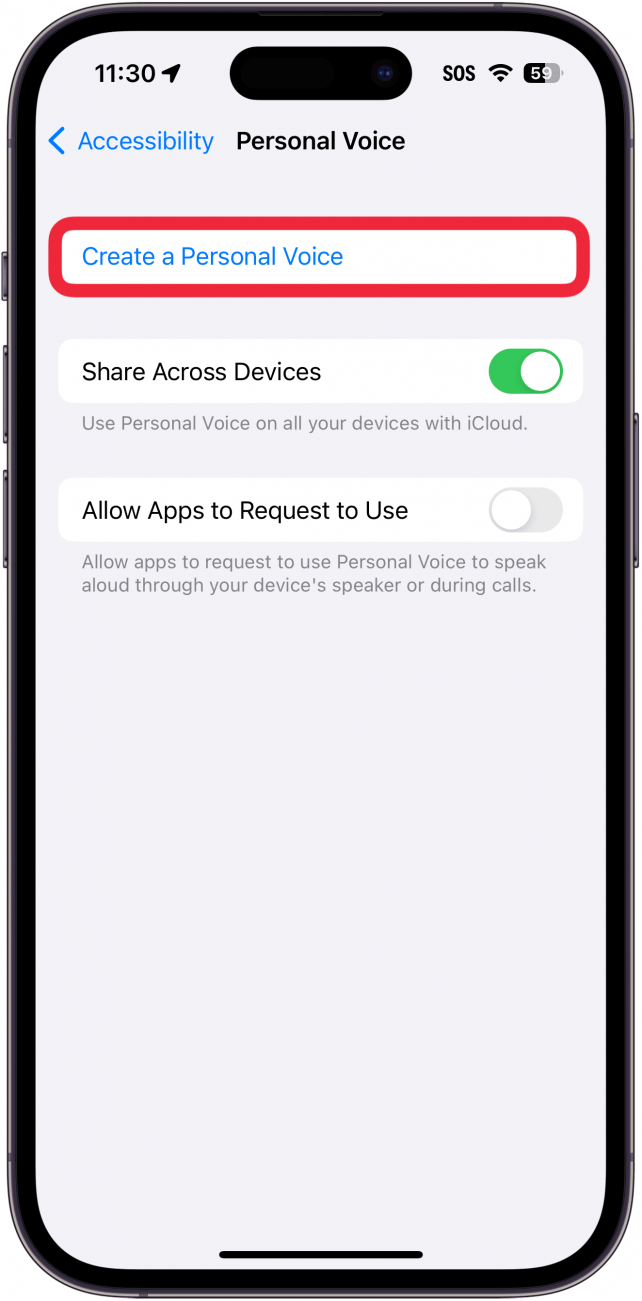 Persönliche Spracheinstellungen des iPhones mit einem roten Kästchen um die Schaltfläche zum Erstellen einer persönlichen Sprachtaste